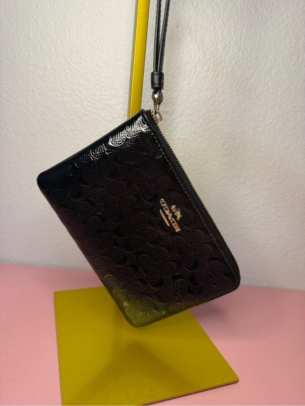 Coach Black Patent Leather Wristlet with Gold Logo